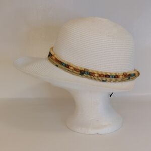 Chic White Hat with Multicolor Beaded Band